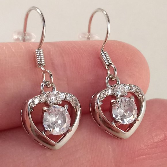 925 Sterling Silver Heart Romantic Diamond Zircon Dangle Earrings - Picture 1 of 4